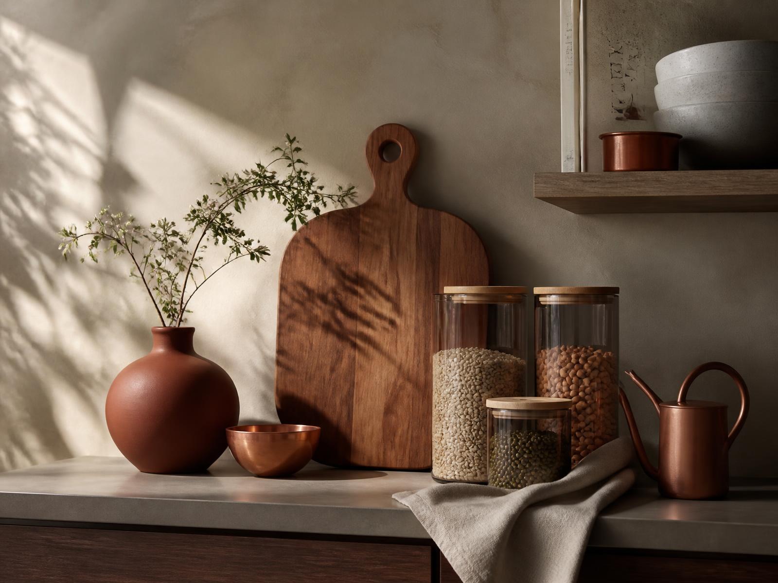 Bancada de cozinha com cerâmica terracota, tábua de acácia e potes de vidro com tampa de bambu